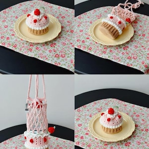 May include: A set of four images showcasing a crocheted cupcake design. The cupcake has a brown base, a pink frosting top with red strawberry accents, and a white cream topping. One image shows the cupcake on a yellow plate, another shows the cupcake with a pink crocheted bottle holder.