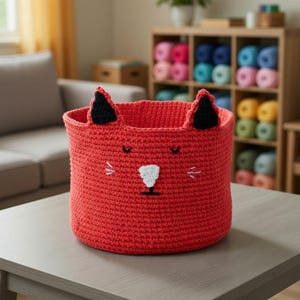 May include: A red crocheted storage basket shaped like a cat. The basket has black ears, a white nose, and embroidered whiskers. The basket is sitting on a gray table.