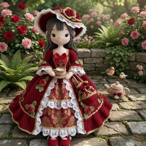 Può includere: Bambola all'uncinetto fatta a mano con un vestito rosso e oro, che tiene in mano una tazza da tè e una borsetta. La bambola indossa un cappello abbinato con un motivo floreale. Si trova in un giardino con rose e una piccola teiera.