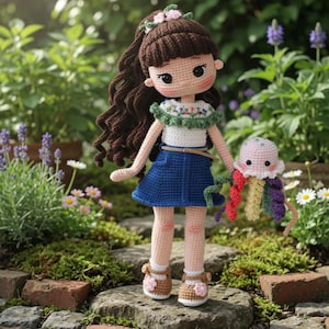 May include: A handmade crochet doll with brown hair, wearing a blue skirt, white top, and brown shoes. The doll has a floral headband and is holding a colorful crochet jellyfish. The doll is standing on a stone path surrounded by greenery.