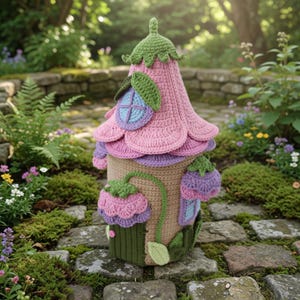 May include: A whimsical, handmade crochet fairy house in a garden setting. The house features a pink flower-shaped roof, purple and green accents, and a small blue window. The house is made of yarn and sits on a stone path.