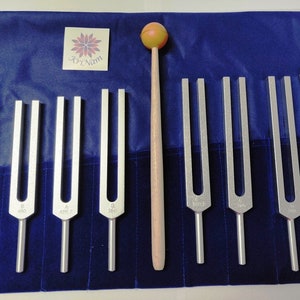 8 harmonic tuning forks with rubber mallet and Printed Velvet Pouch for Sound Healing