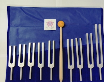9 pc Solfeggio tuning forks including 528 Hz fork with mallet and Printed Pouch for Sound healing