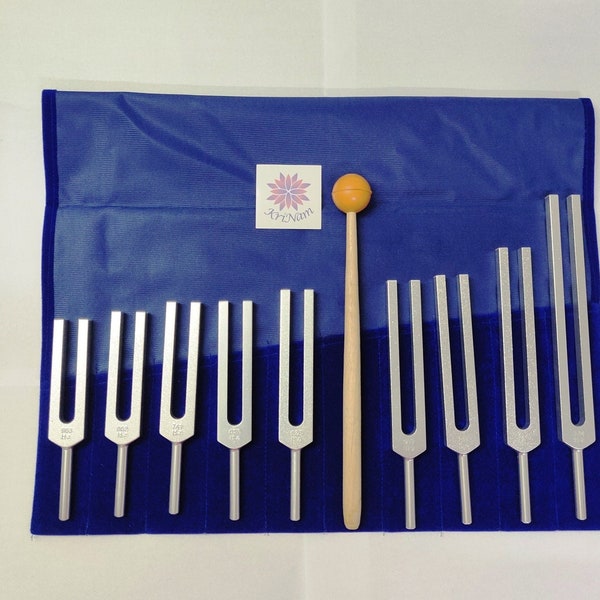 9 pc Solfeggio tuning forks including 528 Hz fork with mallet and Printed Pouch for Sound healing