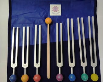 Juego de diapasones de 7 chakras con bolas de goma – Kit de sanación sonora con mazo de goma y bolsa de terciopelo
