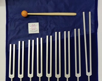 9 pc chakra tuning forks with mallet and printed Pouch for sound healing therapy