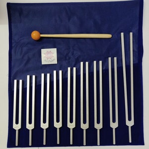 9 pc chakra tuning forks with mallet and printed Pouch for sound healing therapy image 1