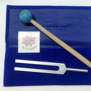 528 hz tuning fork for healing with printed Velvet Pouch and mallet image 1