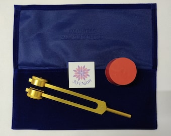 Gold finish Mid Om 136.10 Hz tuning fork tuner for sound healing and meditation with printed pouch and activator