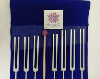 7 chakra tuning forks for sound healing therapy with printed velvet pouch