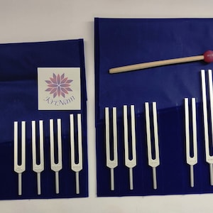 14 Meridian Stimmgabeln für Klangtherapie mit bedruckten Taschen