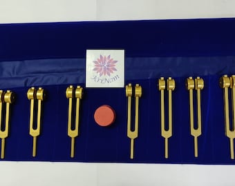 Gold Finish 7 Chakra Tuning Fork Set Sound Healing Therapy, Meditation & Mindfulness