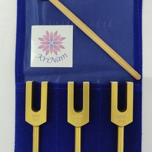 Gold finish Angel tuning fork set tuners 4096 4160 and 4225 hz for healing sound therapy with mallet and printed pouch