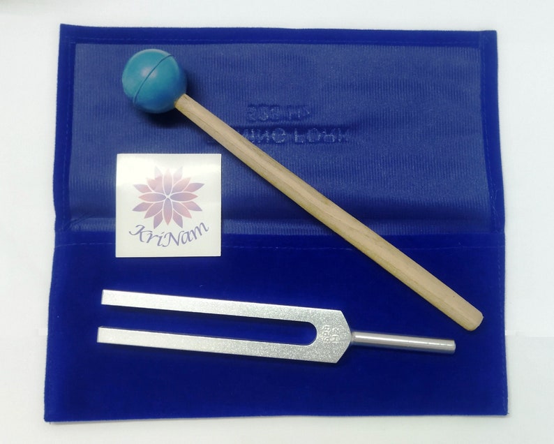 528 hz tuning fork for healing with printed Velvet Pouch and mallet image 1