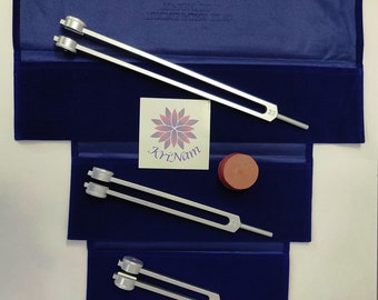 otto tuning fork set including 32hz 64 hz and 128 hz fork for healing with printed pouch for each