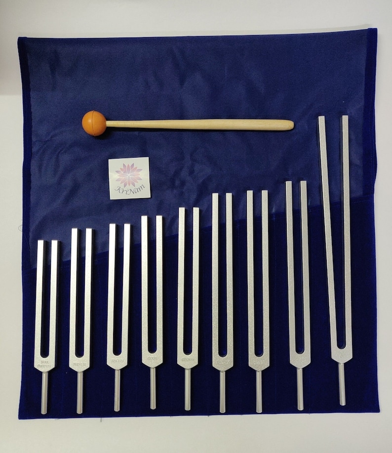 9 pc chakra tuning forks with mallet and printed Pouch for sound healing therapy image 1