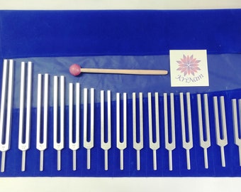 May include: A set of 17 silver tuning forks in a blue velvet carrying case with a wooden mallet. The tuning forks are arranged in a row and are labeled with their frequencies. The case has a clear plastic window that allows you to see the tuning forks.