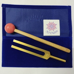 528 Hz Gold finish Tuning fork part of Solfeggio for sound healing with printed pouch and mallet