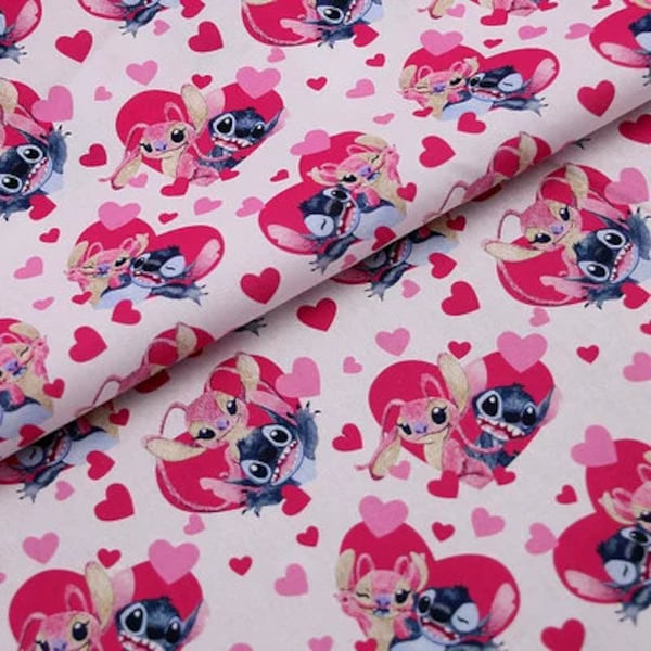 Stitch with Hearts Fabric Lilo and Stitch Fabric Blue Koala Fabric Stitch Cartoon Anime Cotton Fabric By The Half Yard