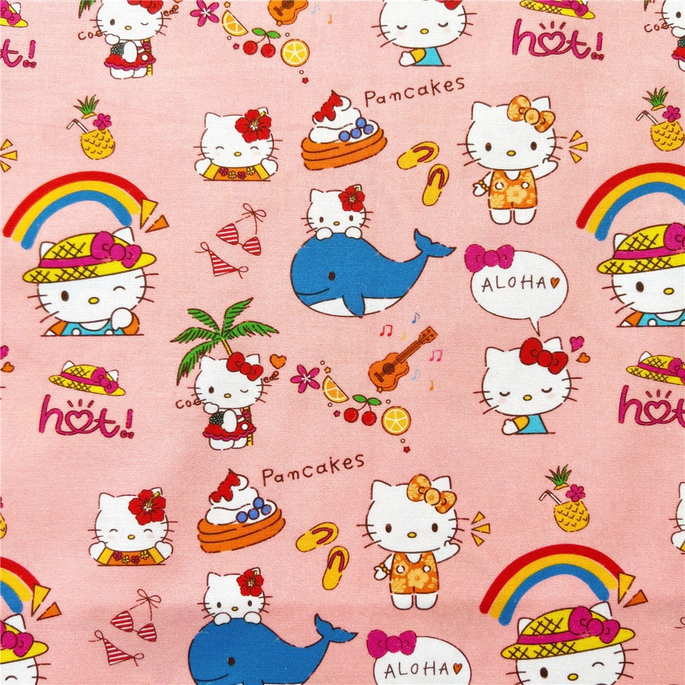 Hello Kitty fabric -- Hello Kitty, bows, and pink polka dots on red -- 100%  cotton quilting fabric