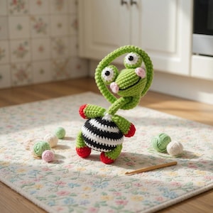 Peut inclure: Une créature verte au crochet faite à la main avec de grands yeux, des joues roses et un corps rayé noir et blanc. La créature a des accents rouges sur les pieds et les mains. Des boules de fil et un crochet sont également visibles.