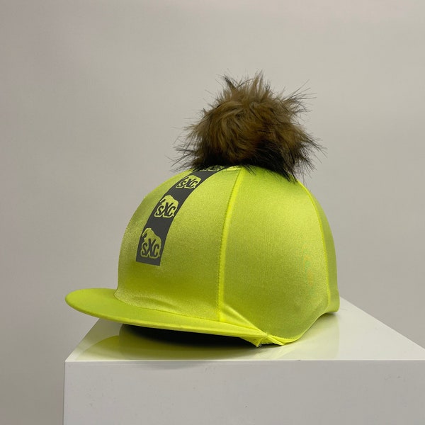SXC Fluorescerende Flo reflecterende hoed Zijde namaakbont Pompomknoop Wol Hacking Hi Viz Equestrian