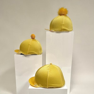 SXC Yellow Faux Fur Wool Button Riding Hat Silk Cover Skull Cap Bespoke Equestrian Equine Custom Design Your Own