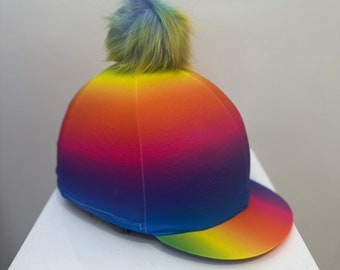 Sombrero de montar Rainbow Ombre, cubierta de seda, casco ecuestre, pompón de piel sintética