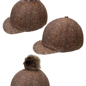 Brown  Tweed Riding helmet hat cover silk Equestrian Horse Faux Fur Pompom