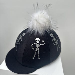SXC Skeleton Printed Faux Fur Wool Button Riding Hat Silk Cover Skull Cap Bespoke Equestrian Equine Custom Design Your Own
