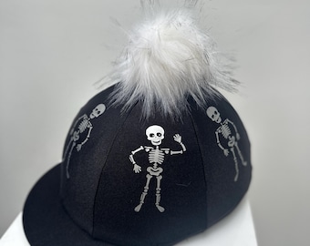SXC Skeleton Printed Faux Fur Wool Button Riding Hat Silk Cover Skull Cap Bespoke Equestrian Equine Custom Design Your Own
