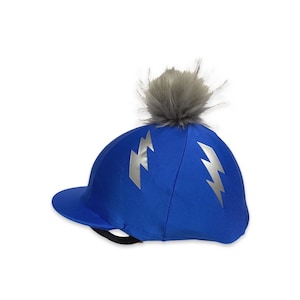 SXC Lightening Bolt Printed Faux Fur Wool Button Riding Hat Silk Cover Skull Cap Bespoke Equestrian Equine Custom Design Your Own