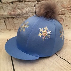 Luvponies Riding Hat Silk Cover - Grey With Rose Gold Love Wreath & Pom Pom