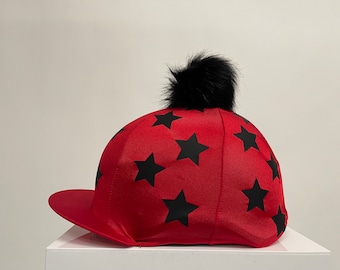 CUSTOM PRINTED RIDING HAT SILK CAP COVER BLACK & BURGUNDY/MAROON STARS POMPOM 