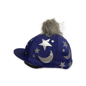 SXC Star & Moon Printed Faux Fur Wool Button Riding Hat Silk Cover Skull Cap Bespoke Equestrian Equine Custom Design Your Own