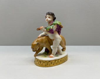 Irish Dresden  Boy Cherub Having Grapes with Lion Super Rare Handpainted Porcelain Figurine