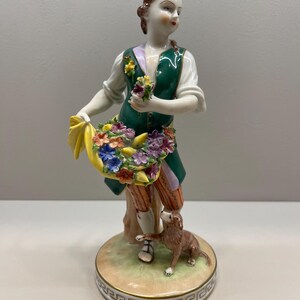 ドレスデン ドイツ 手描き マルチカラー 女性 花とレモンのバスケットと犬を持つ磁器の置物