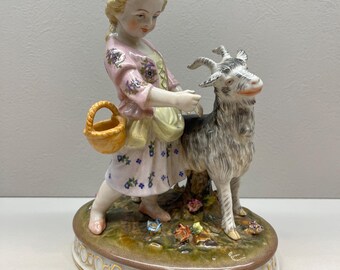 Meissen Lady Woman with Goat Flowers Johanson Roth Handpainted Porcelain Figurine