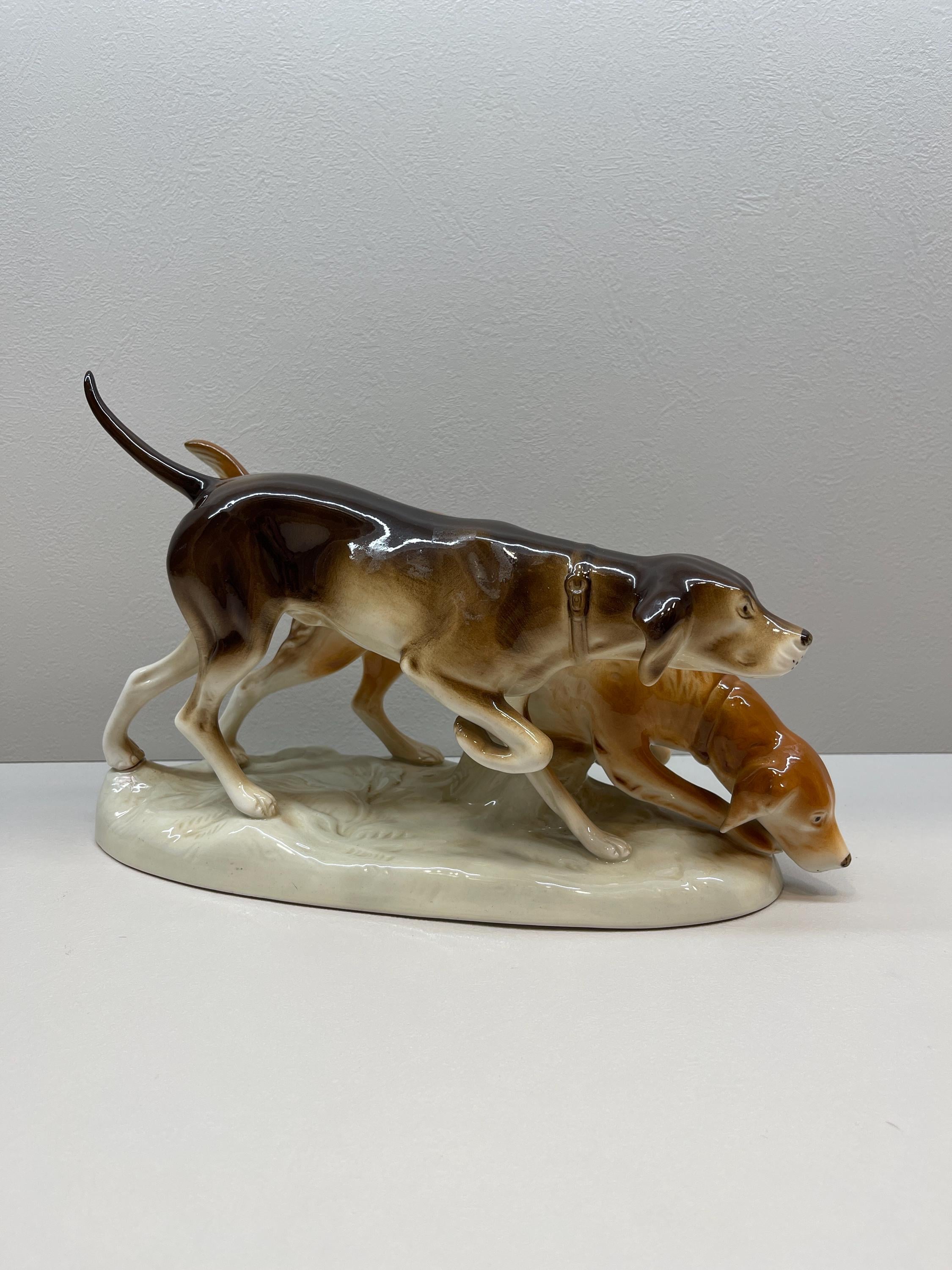 Royal Dux Czechoslovakia Handpainted Pair of Hunting Dogs