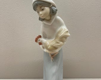 Lladro 4677 “Girl with Rooster” Porcelain Figurine – Retired Collectible from Spain