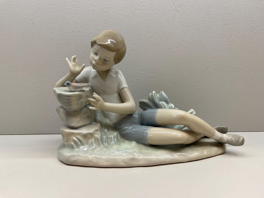 Lladro boy With Bird Figurine Vintage Porcelain Collectible Made 