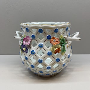Dresden Reticulated Porcelain Basket with Hand-Painted Flowers, German Vintage Lattice Vase