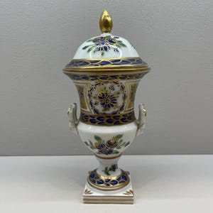 Hand-Painted Dresden German Urn Vase with Blue Flowers | Vintage Porcelain Art