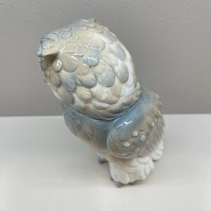 K&ouml;nnte beinhalten: Eine Eulenfigur aus Porzellan mit gl&auml;nzender Oberfl&auml;che in den Farben sanftes Grau, ged&auml;mpftes Blau und Wei&szlig;. Die Eule ist aus einer hohen R&uuml;ckansicht dargestellt und zeigt detaillierte, modellierte Federstrukturen an Kopf und Fl&uuml;geln.