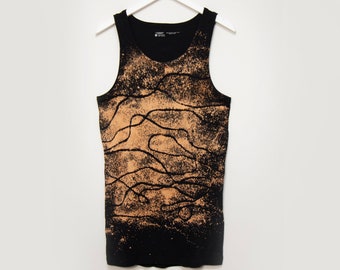 Men's bleached tank top / black lines / textile art