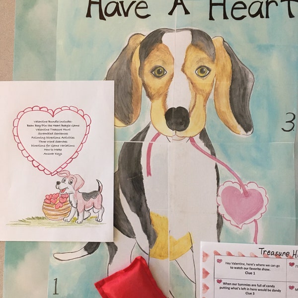 Valentine's Day Party Games for Kids-Bean Bag Dog Toss, Pin the Heart, Scavenger Hunt, listening fun, watercolored party decoration-unique,