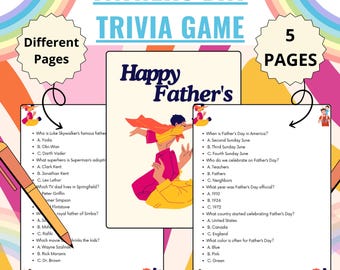 May include: A Father's Day trivia game with the text "Fathers Day Trivia Game" and "Happy Father's". The game includes multiple choice questions on different pages. The image has a colorful rainbow and a pen.