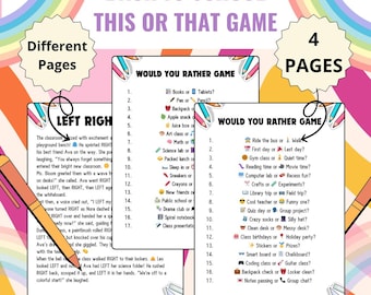 Puede incluir: Un colorido juego de vuelta al cole con el texto "Back to School This or That Game". La imagen presenta cuatro páginas con diferentes opciones de juego, incluyendo preguntas "Would You Rather" sobre útiles y actividades escolares.