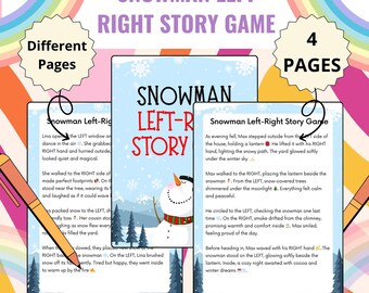 May include: A children's game with a winter theme. The image shows four pages of a story game titled "Snowman Left-Right Story Game". The pages are light blue with illustrations of a snowman and text. The game is designed for different pages.