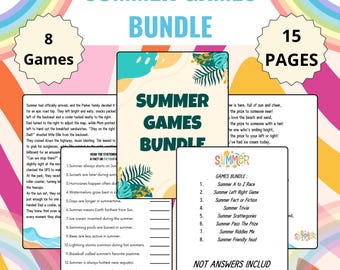 Puede incluir: Un paquete de juegos de verano imprimibles colorido con 8 juegos y 15 páginas. El paquete incluye juegos como Summer A to Z Race, Summer Left Right Game, Summer Fact or Fiction, Summer Trivia, Summer Scattergories, Summer Pass The Prize, Summer Riddles Me y Summer Friendly Feud. Los juegos son perfectos para fiestas de verano, reuniones familiares o actividades en el aula.